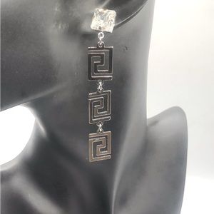 Genuine Crystal Cube Stud with Greek Pattern Drop Earrings
